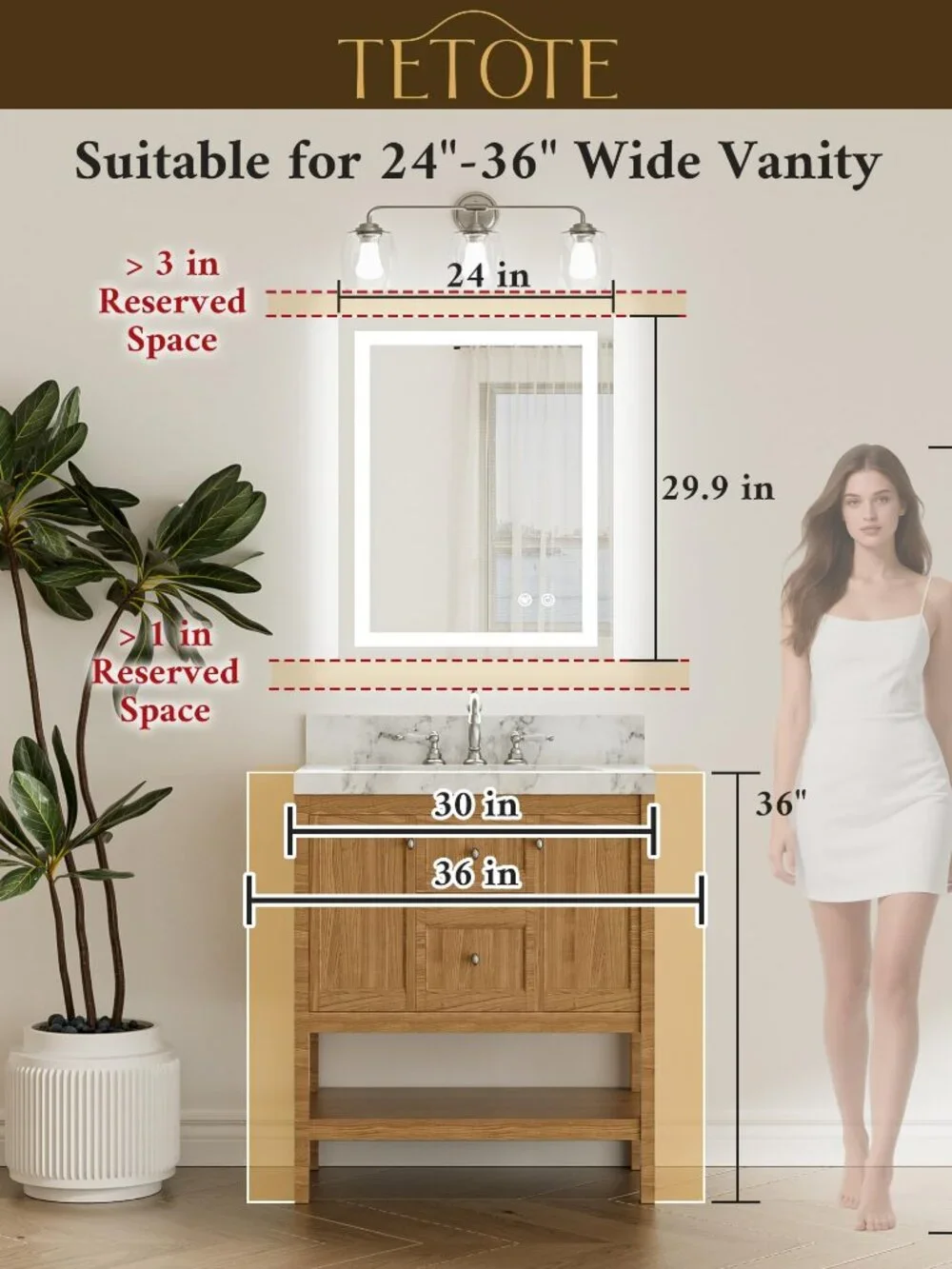 TETOTE LED Bathroom Mirror 24x30 Inch Lighted Vanity Mirror Frontlit Backlit